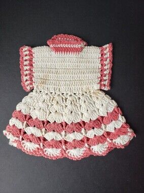 Vintage 1950's Handmade Crochet Pink and Cream Decorative Potholder Ovenmit